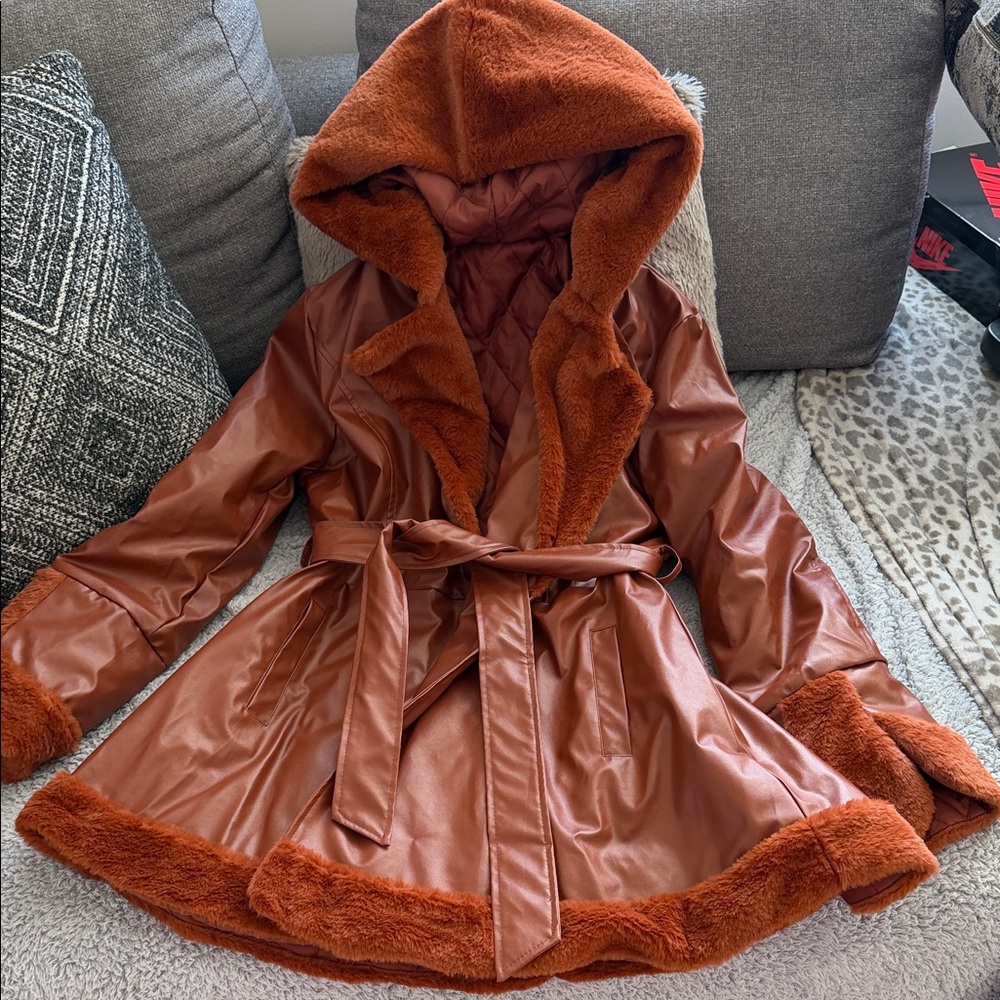 Women's Warm Faux Leather Teddy Coat with Hood